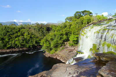 Scenic view of waterfall in forest against sky