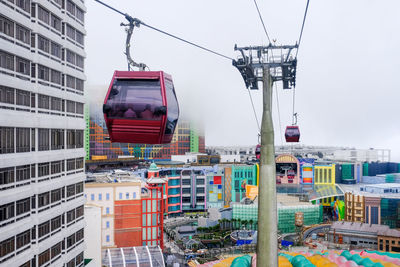 Cable car by buildings against sky in city