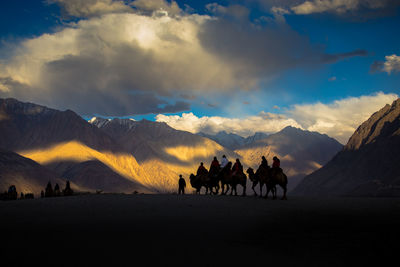 People riding camels against mountains during sunset