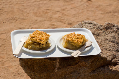 High angle view of breakfast served on table