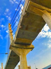 Low angle view of suspension bridge against cloudy sky