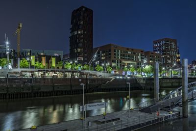 Canal by illuminated buildings against clear sky at night