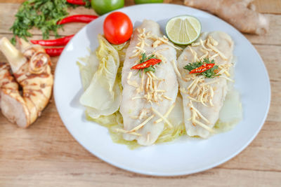 High angle view of meal served on table