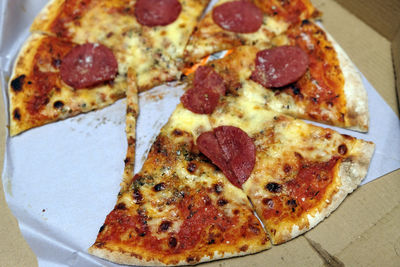 High angle view of pizza on table