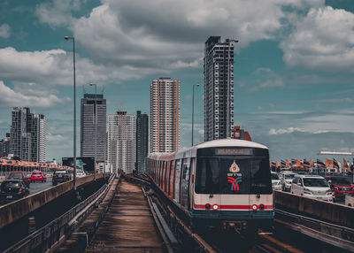 Railroad tracks amidst buildings in city against sky