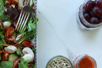 High angle view of salad in bowl on table