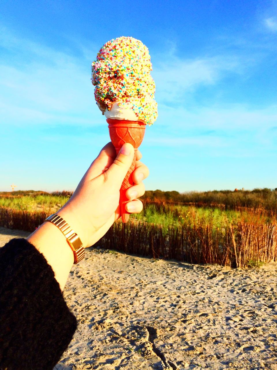 human hand, human body part, one person, real people, sky, outdoors, holding, personal perspective, day, leisure activity, lifestyles, sweet food, field, grass, sunlight, cloud - sky, ice cream cone, wristwatch, dessert, ice cream, nature, landscape, women, close-up, frozen food, tree, beauty in nature, people