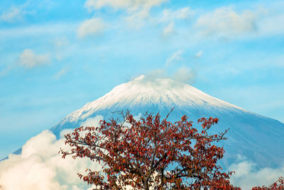 Low angle view of snowcapped mountain against sky