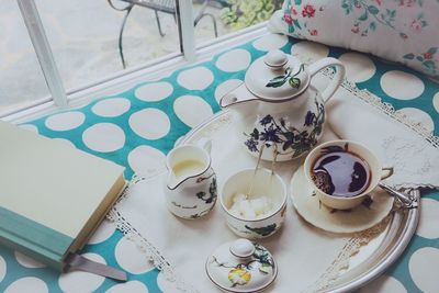 High angle view of tea served on table