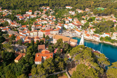 High angle view of townscape and trees in town