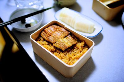 High angle view of food in box on table