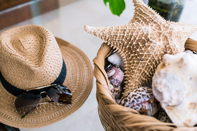 Close-up of hat by basket