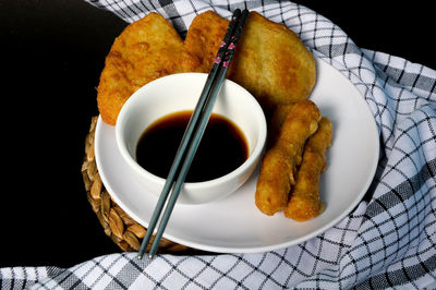 High angle view of breakfast served on table