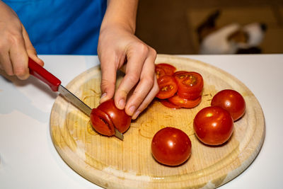 Close-up of woman preparing food on cutting board