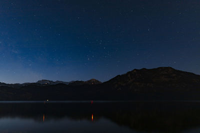 Scenic view of lake against sky at night