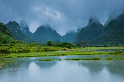 Scenic view of lake and mountains against sky