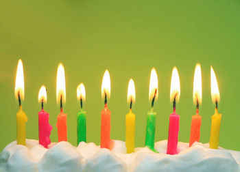 Close-up of candles on birthday cake