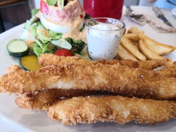 Close-up of food served on table