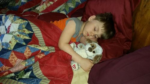 High angle view of boy sleeping with toy on bed at home