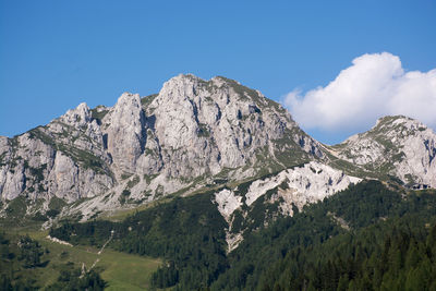 Scenic view of mountains against blue sky