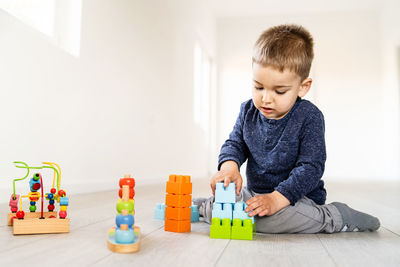 Cute boy playing with toy at home