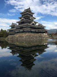 Traditional building by lake against sky