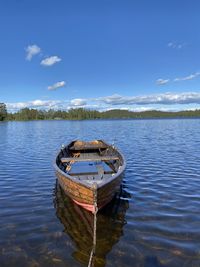 Boat moored in lake against sky