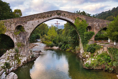 Arch bridge over river against sky