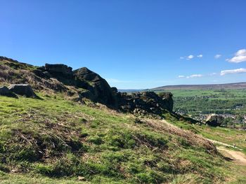 Scenic view of field against clear blue sky