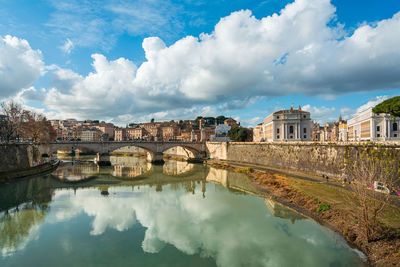 Reflection of buildings and clouds on river