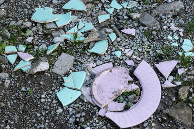 High angle view of stones on field