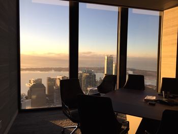 Empty boardroom during sunset