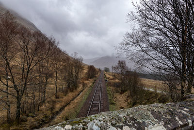 Railroad track amidst bare trees against sky