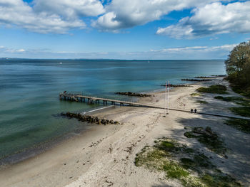 Aerial view of jetty at ballehage beach, aarhus, denmark