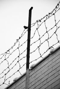 Low angle view of barbed wire against clear sky