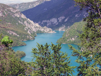 High angle view of lake and mountains