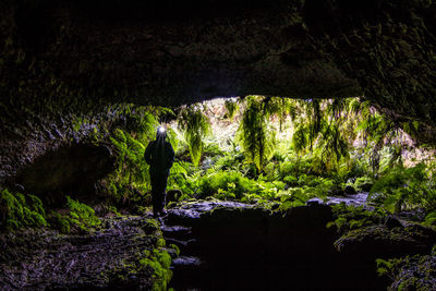 Rear view of person standing on rock in cave