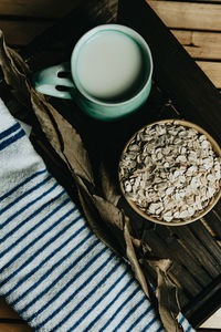 High angle view of breakfast on table