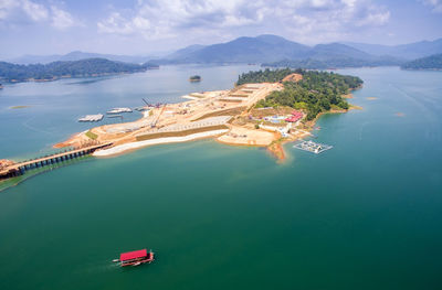 High angle view of boat at calm blue sea