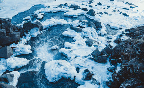 High angle view of snow on land