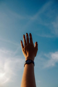 Low angle view of hand against sky