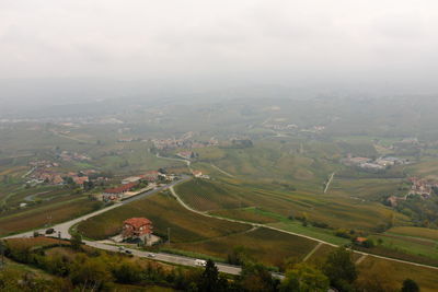 High angle view of agricultural field against sky