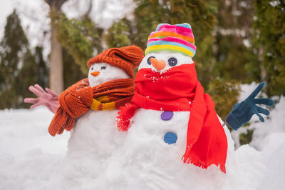 Close-up of snowman in park during christmas