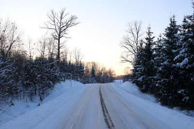 Snow covered road amidst trees against sky