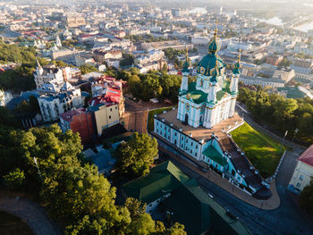 High angle view of townscape and trees in city