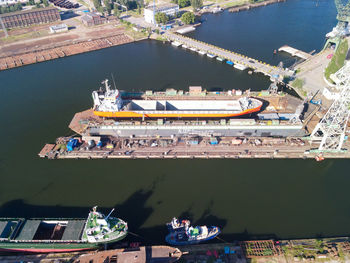High angle view of ship moored at harbor