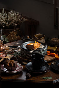 Close-up of food served on table