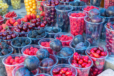 High angle view of fruits for sale at market stall