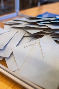 High angle view of book on table