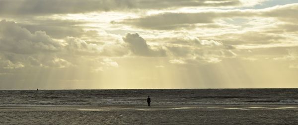 Scenic view of person standing at beach against sky